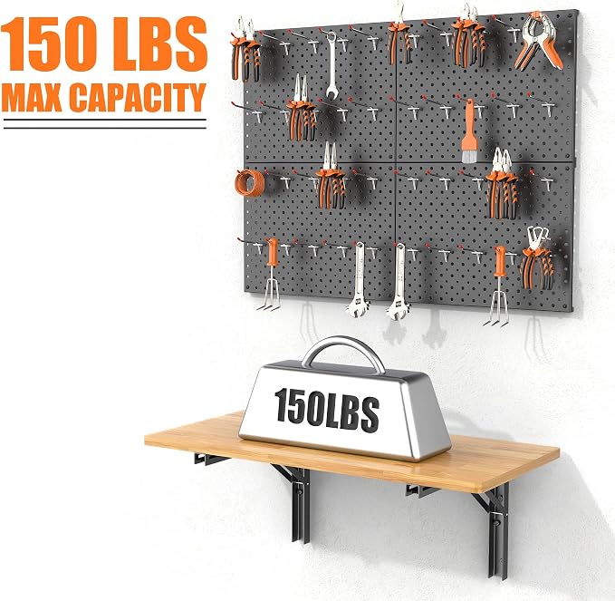 TORACK Heavy Duty Wall Mounted Folding Workbench with Pegboard Kit, Space-Saving Collapsible Wall Table/Desk for Garage Workshop, Holds Up to 150 lbs(Board Size: 31.5 x 15.75 in)