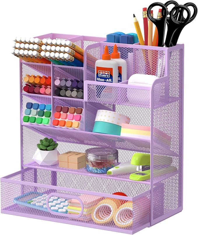 Mesh Pen Organizer for Desk, 13 Compartments with Drawer， Purple | Metal mesh pencil holder and desk organizer with tilted slots for easy access to stationery at home, school or office