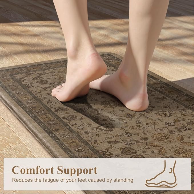 KIMODE Kitchen Floor Mats Anti Fatigue,Cushioned Rugs for Floor Sets of 2 | 17.3"x47"+ 17.3"x29",Brown,Farmhouse Rugs for Floor,Memory Foam Ergonomic Kitchen Mat Non Slip for Laundry Office Bathroom