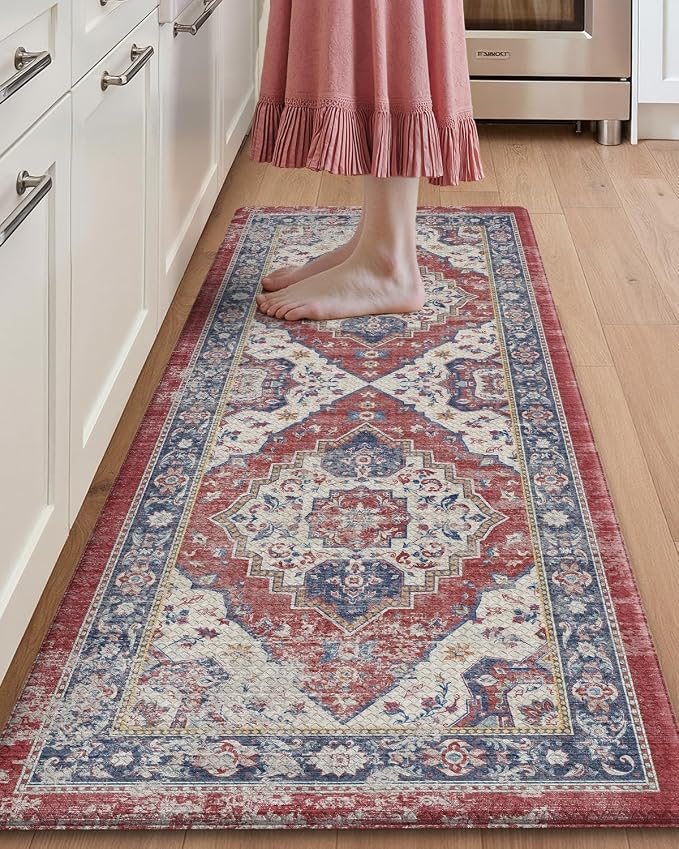 Color&Geometry Kitchen Mat for Floor 24x59 Faded Vintage Anti Fatigue, Red | 0.4in Cushion Standing Mat For Cooking/Working/Laundry, Boho Decor, Non Slip PVC Kitchen Rug, Oil/Water Proof, Anti Slip