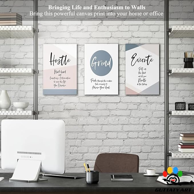 Office Wall Art - 3 Panel Motivational Wall Art, Inspirational Quotes Canvas Art for Home Office Wall Decor, Positive Quotes Wall Decor, Entrepreneur Grind Hustle Execution Poster Frame (12”x24”x3Pcs)