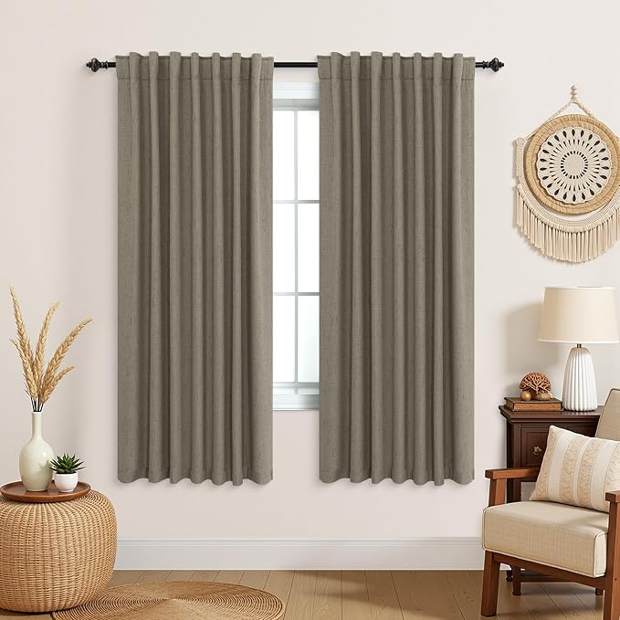 KOUFALL Taupe Light Brown Curtains 63 Inch Length Linen Blackout Pleated Bedroom Drapes 63 Inches Long 2 Panels Set