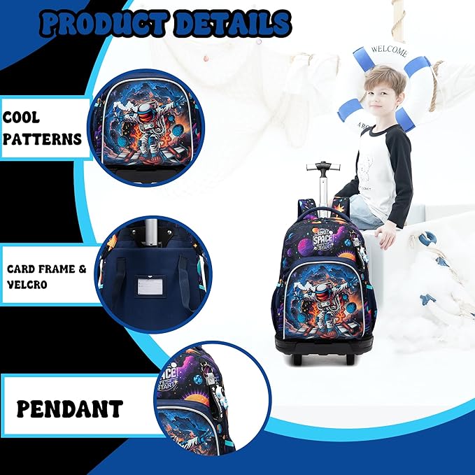 Boys Rolling Backpack for Kids 8-12 Trolley School Bag with Wheels Travel Backpack for Kids with Lunch Bag Back to School Supplies