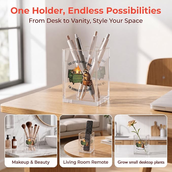 Funny Raccoon Dumpster Fire Office Acrylic Cosmetic Pen Pencil Holder Cup, This Little Light Of Mine Humor Pencil Organizer, Unique Desk Accessories, Motivational Gifts for Women Men（A39）