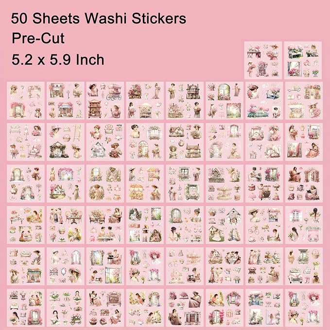 YagCu Garden Journaling Stickers, 50 Sheets Washi Junk Journal Sticker Book, Scrapbook Supplies, Watercolor Scrapbooking for Adults, Pink Decorative Ephemera Arts Craft