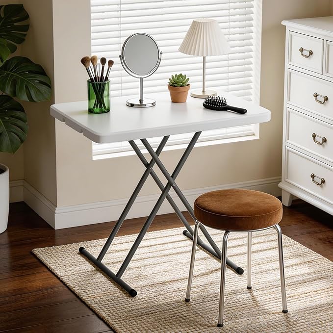 FDW 30 Inch Folding Table, Utility Foldable Table for Small Spaces, Small Desk Adjustable Height TV Tray for Laptop, Couch, Camping, No Assembly Required, White