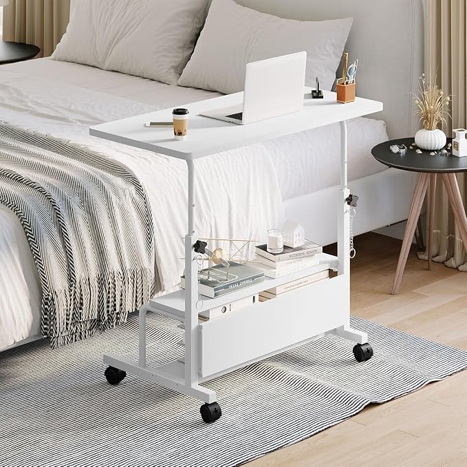 Simple Deluxe 31.5" Manual Standing Desk, Height Adjustable Mobile Computer Desk with Lockable Wheels & 2-Tier Storage, Rolling Laptop Table for Small Spaces & Home Office, White