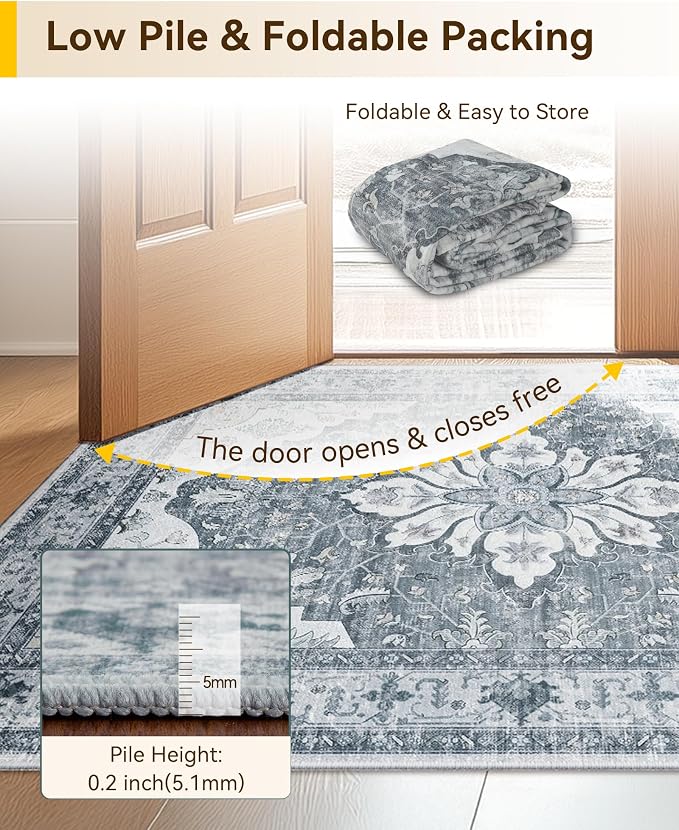 RELEANY Area Rugs Runner 2'x8' Washable Non-Slip, Floral Vintage Distress Medallion Carpet for Kitchen Hallway Bedroom Beside Laundry Room Bathroom, Light Gray Grey White