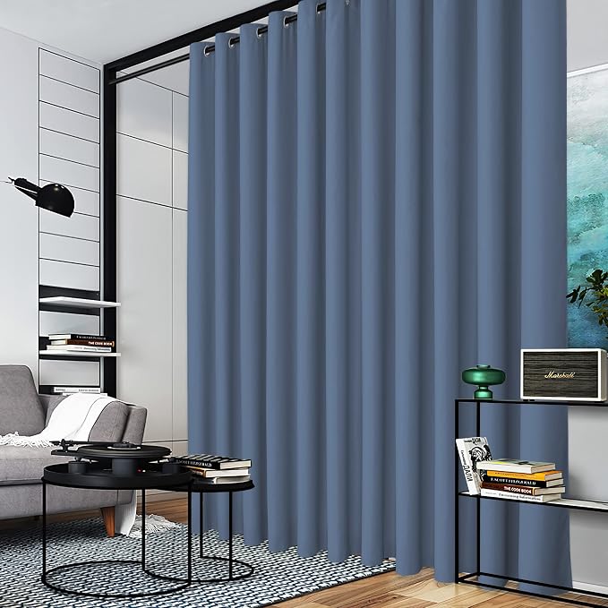 RYB HOME Extra Wide Curtain for Room Divider, Blackout Privacy Soundproof Curtains for Large Window Shared Bedroom Apartment Backdrop Home Theatre Backdrop, Stone Blue, 20ft Wide x 8ft Long