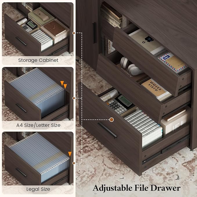 L Shaped Electric Standing Desk with 3 Drawers and Power Outlet, 55.1" x 47.2" Height Adjustable Home Office Executive Desk with File Cabinet and Storage Shelves, Modern Large Business Computer Table