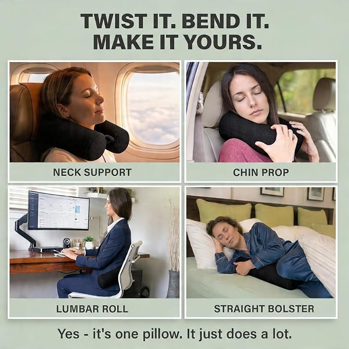 Dot&Dot Twist Memory Foam Travel Pillow, Bendable Neck Pillow for Airplane, Car and Home, 26-Inch Adjustable Roll with Washable Cotton Cover, Black
