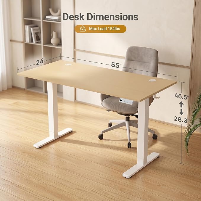Claiks Electric Standing Desk, 55x24 Inch, Nature | Adjustable height for sit-stand, 156lbs capacity, scratch-resistant surface, 3 memory presets, cable management & hook.
