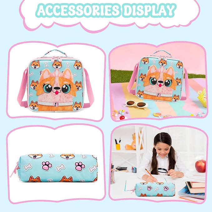 Meetbelify Kids Backpacks for Girls School Backpack with Lunch Bag Pencil Case for Elementary Student 3D Carton Plush Kids Travel School Bag for Girls Ages 6-8 Years Old