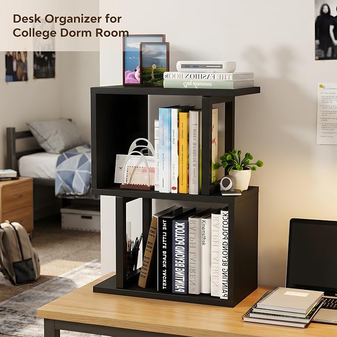 Desk Shelf Organizer, Small Desktop Bookshelf Wood, Black | Dorm Desk Hutch, 3-Tier, Desktop Organizer Shelf Storage Unit, for Home, Dorm, Office