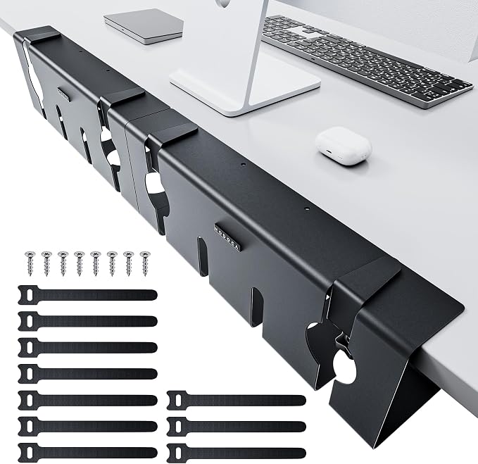 NODOCA No Drill Under Desk Cable Management Tray, 17'' Wire Management, Punch-Free Clamp on, Metal Cable Tray, Wire Organizer Under Desk, Under Desk Basket for Office and Home, Black(2 Packs)