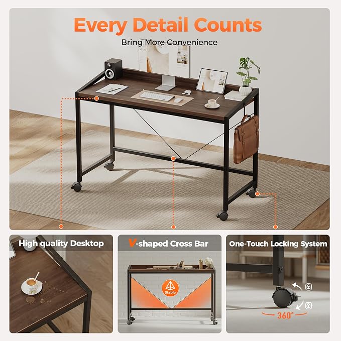 Mericonia 40 inch Rolling Computer Desk with Wheels, Gaming Desk for Small Spaces, Modern Simple Style Table for Home Office, Study Writing Table