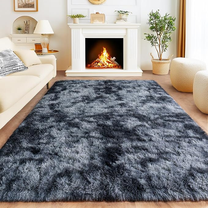 Area Rugs for Living Room 6x9, Ultra Fluffy Rug Fuzzy Shag Washable Carpets for Bedroom, Modern Non-Slip Indoor Soft Plush Furry Rug for Boy Girls Room Dorm Home Decor Aesthetic, Tie-Dyed Blue Grey