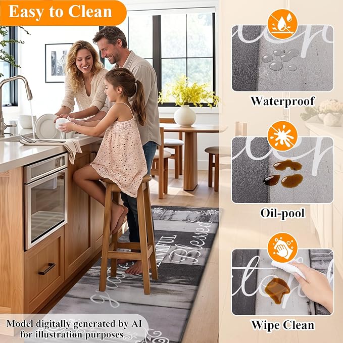 HEBE Anti Fatigue Kitchen Mat Set of 2, Cushioned Kitchen Mats for Floor | Non Slip Waterproof Kitchen Rug and Runner Set, Farmhouse PVC Foam Comfort Mat Floor Carpet for Sink, Standing Desk, Laundry