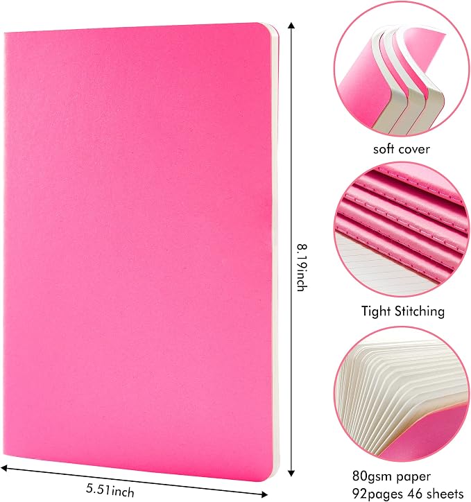 8 Pack Soft Cover Journal Bulk, Feela Notebooks College Ruled for Work, Lined Travel Journal for Women Men, Note Taking Notebook School Supplies Business Writing, 8.2” x 5.5”, A5, Berry