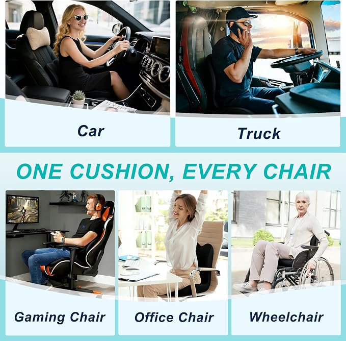 Seat Cushion for Office Chair and Car, Lumbar Support Pillow for Office Chair, Memory Foam Ergonomic Seat Cushion for Long Sitting, Back & Tailbone Pain, Sciatica - Black
