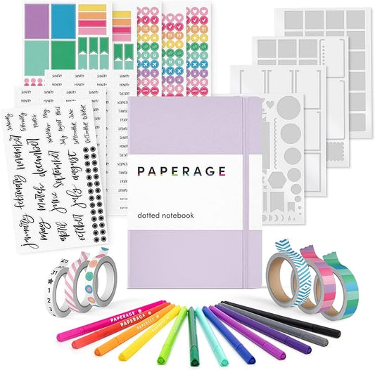 PAPERAGE Bullet Journal Kit, Dotted Journaling Set & Stationary Kit, Hardcover Dotted Journal Notebook (Lavender), 12 fineliner Pens, 8 Sticker & 3 Stencil Sheets, 6 Washi Tapes