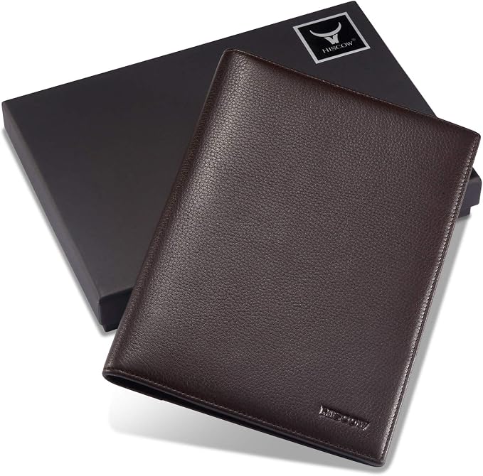 HISCOW Slim Leather Junior Padfolio, 5x8 Notepad Cover, Pebbled Coffee | Full-grain tumbled cowhide, top-loading legal pad holder, rigid pen loop, quick-access card slot, zipperless boardroom design