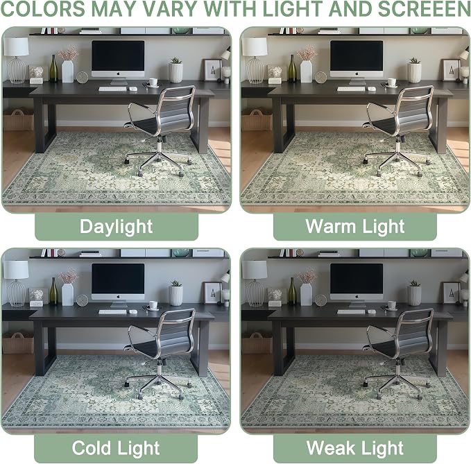 48"x72" Office Chair Mat for Hardwood Tile Floor, Under Desk Carpet Protector for Rolling Computer Chair Mat, Machine Washable Area Rug, Anti-Slip 1/5" Thick Low Pile Thin Vinyl Floor Mat, Green