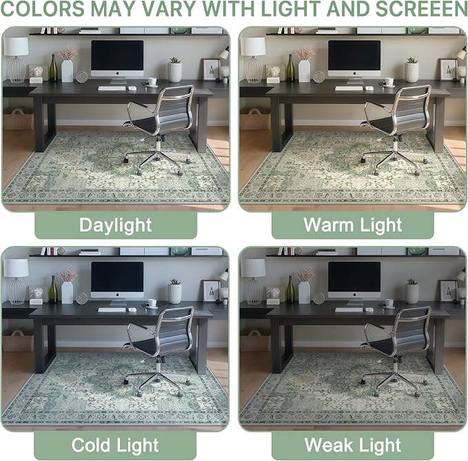 Office Chair Mat for Hardwood Tile Floor, Under Desk Carpet Protector for Rolling Computer Chair Mat, Round Washable Rugs 4ft Circle Area Rug, Anti-Slip 1/5" Thick Low Pile Thin Floor Mat, Green