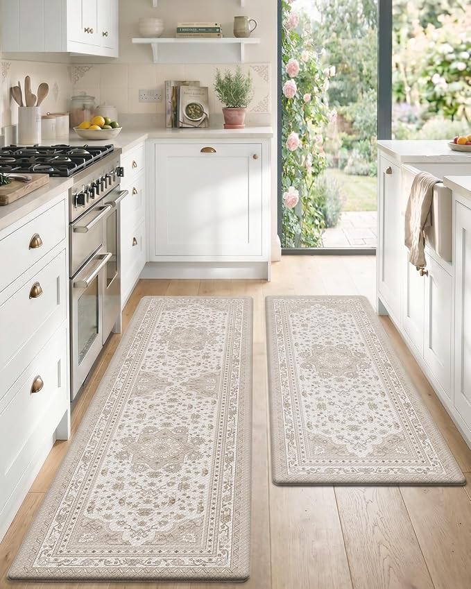 Color&Geometry Kitchen Mat 2PCs-24x59+24x87 Vintage Anti Fatigue, Beige | 0.4in Cushion Standing Mat For Cooking/Working/Laundry, Boho Decor, Non Slip PVC Kitchen Rug, Oil/Water Proof, Anti Slip