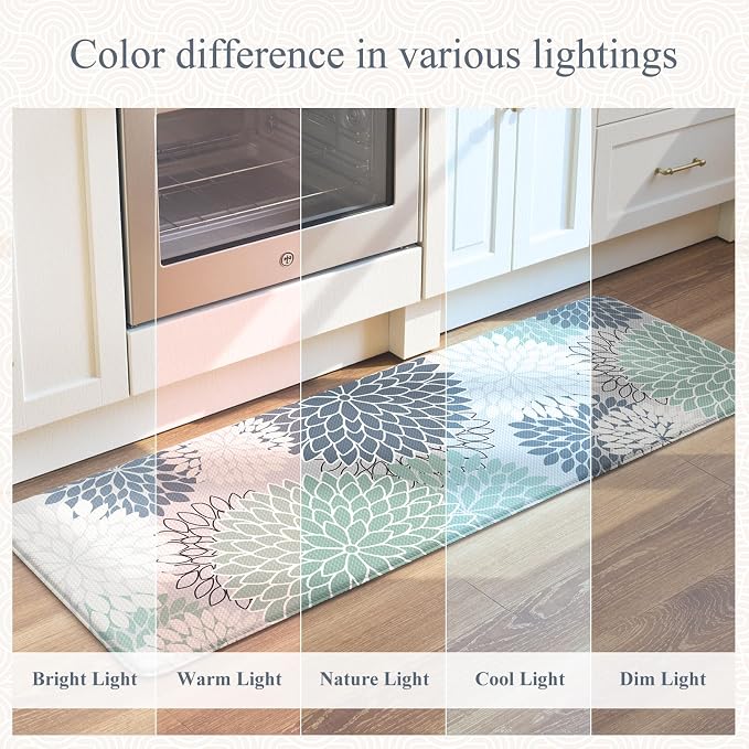 KIMODE Half Circle Anti Fatigue Mats for Kitchen Floor Rug Sets of 2 | 18"x28+18"x47",Cyan,Dahlia Floral Boho,Kitchen Rug Sets of 2,Non Slip,Waterproof,for Sink Office Laundry Bathroom Decor