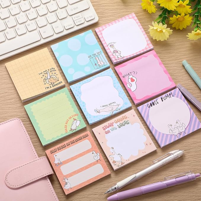 9 Pads Cute Sticky Notes Cartoon Self Stick Notepads 3x3 Inches Notes Adhesive Memo Pad Office Decor Gifts for Students School Teacher Office Meeting(Goose)