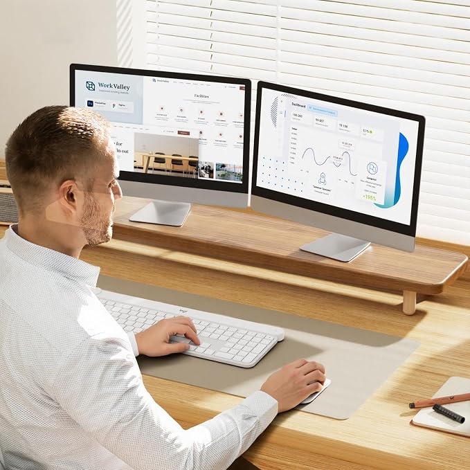 Dual Monitor Stand Riser, 39 Inch Extra Long Wooden Desktop Monitor Riser with Storage for 2 Monitors Ultra Strong Desk Shelf Organizer Riser Ergonomic for 2 Screens/Laptop/PC/TV/Printer (Light Walnut, 39inches)