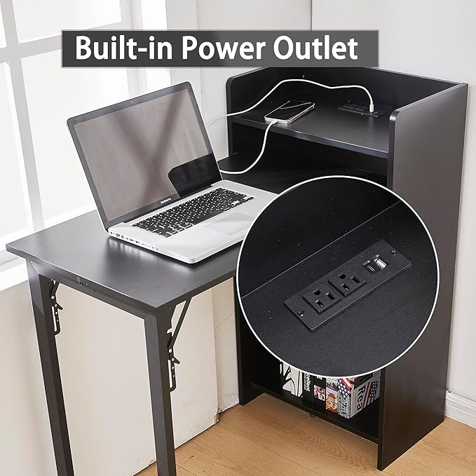 Fold Out Desk with Storage and Built-in Outlet, Mid Century Foldable Desk for Small Spaces, Hidden Folding Table for Home Office or Bedroom (Black)