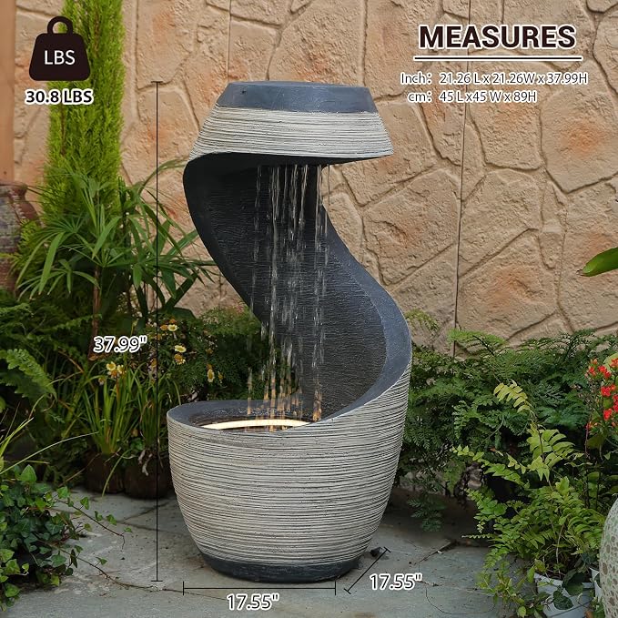 Sunlinua 37" Tall S-Shaped Outdoor Waterfall Fountain – Rainfall Water Fountain for Garden, Patio or Backyard Decor, Floor-Standing Resin Garden Fountains Water Feature with Flat Top for Plant Display