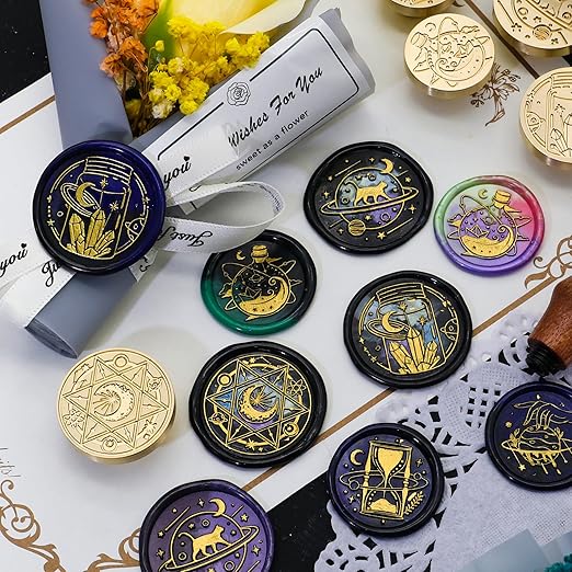 SWANGSA Magic Space Wax Seal Stamp Gift Box Set, Vintage 6 Sealing Stamp Heads + 1 Wooden Hilt, Wax Stamp Kit for Party Invitations, Envelops, Cards and Gift Packaging (Magic Space)
