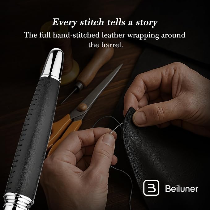 BEILUNER 318 Luxury Personalized Leather Pen, Hand-Stitched Premium Black Leather, Chrome-Plated Finish, Smooth Refill, Fancy Rollerball Pen Gift Set for Men & Women, Executive, Nice Designer pen