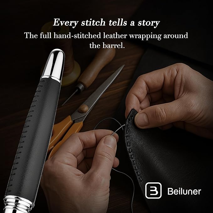 BEILUNER 318 Luxury Leather Pen, Hand-Stitched Premium Leather, Chrome-Plated Finish, Smooth Black Ink Refill, Best Rollerball Pen Gift for Men & Women, Refillable, Executive Writing, Nice Pens