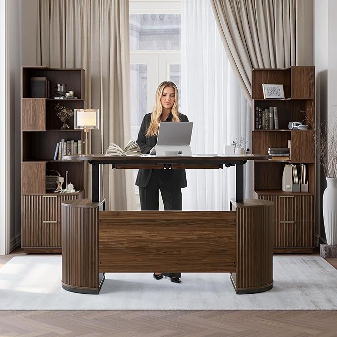 Electric Standing Desk with Storage Drawers, 63'' Executive Height Adjustable Desk with Privacy Panel and Shelves, Wood Fluted Computer Desk for Home Office, Black Walnut
