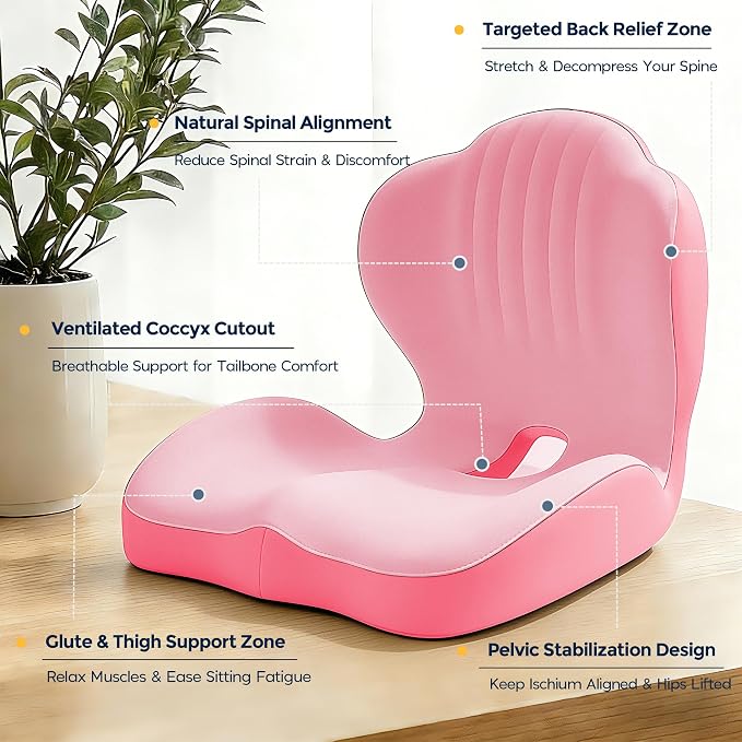 Seat Cushion for Office Chair and Car, L-Shaped Ergonomic Seat Cushions,Memory Foam Orthopedic Cushion with Coccyx Hollow,Lumbar Support & Tailbone Pain Relief for Car, Truck, Home,Gaming Chair,Pink