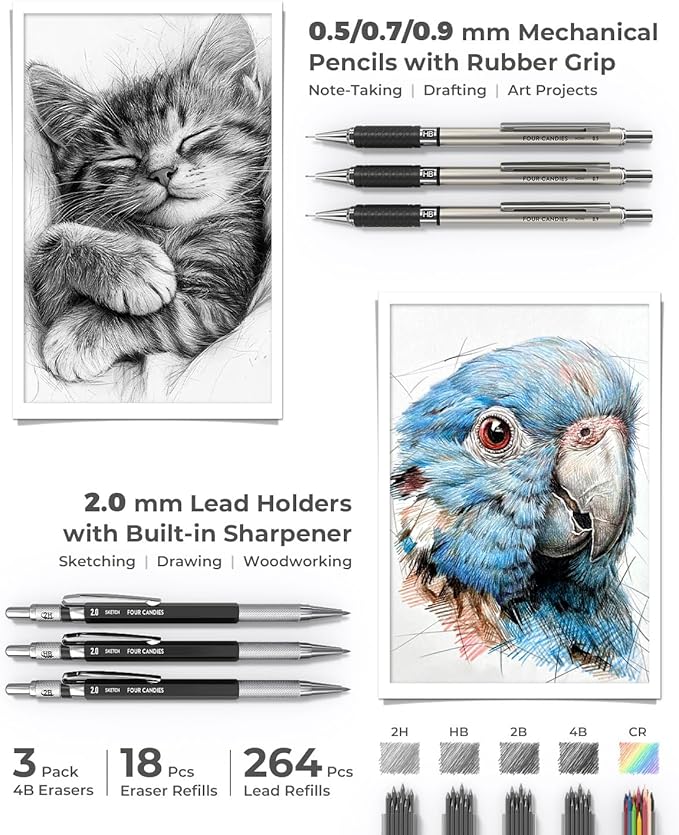 Four Candies 45 PCS Stationery Set with Pen Case, College Supplies and Nursing Student Essentials, 12 Pastel Highlighters, 6 Black Gel Pens, 6 Mechanical Pencils, Black