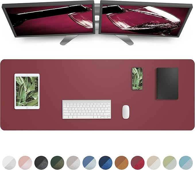 Leather Desk Pad Protector, Mouse Pad, Office Desk Mat, Non-Slip PU Leather Desk Blotter, Large Desk Mat, Waterproof Keyboard Mat for Office/Home/Decor (Burgundy Red, 55" x 17")