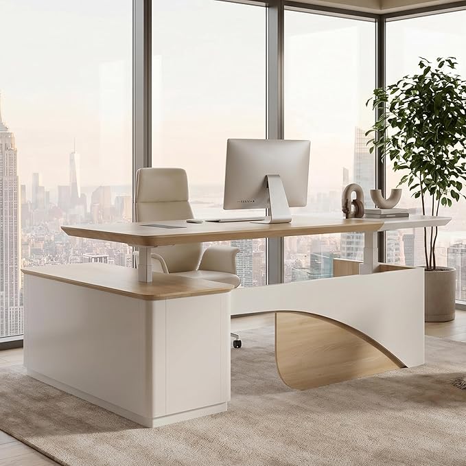SAINTCY 86" L Shaped Standing Executive Desk with Drawers and Shelves,White Electric Adjustable Height Desk with Charging Station and Privacy Panel for Home and Office, Light Walnut