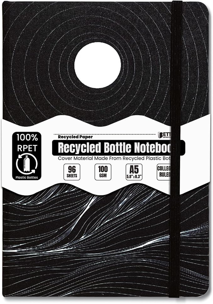 Better Office Products Recycled Plastic Bottle Notebook Journal, 8.3" x 5.8" (A5), 192 College Ruled Pages, Hardcover, Inner Pocket, Banded, Cover Made of Plastic Bottles (1, Black)