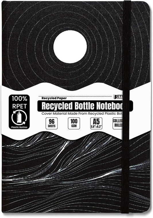 Better Office Products Recycled Plastic Bottle Notebook Journal, 8.3" x 5.8" (A5), 192 College Ruled Pages, Hardcover, Inner Pocket, Banded, Cover Made of Plastic Bottles (1, Black)