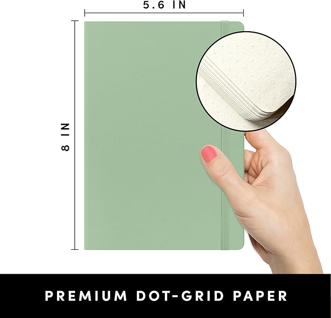 PAPERAGE Bullet Journal Kit, Dotted Journaling Set & Stationary Kit, Hardcover Dotted Journal Notebook (Sage Green), 12 fineliner Pens, 8 Sticker & 3 Stencil Sheets, 6 Washi Tapes