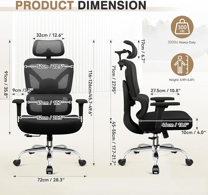 Ergonomic Office Desk Chair, Mesh Office Chairs Comfy for Prolonged Sitting | Segmented Spine Support, Adjustable Lumbar Support for Back Pain Relief, Computer Chair for Home Office, 300LBS, Black