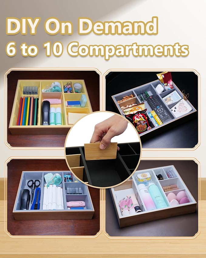 Bamboo Desk Drawer Organizer Tray, Silicone Sturdy Junk Drawer Organizer with 10 Adjustable Compartments, Desk Organizers and Accessories with 4 Removable Dividers for Office Home (White)