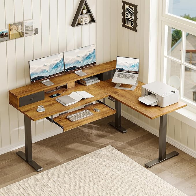Casaottima 59" L Shaped Electric Standing Desk with Drawers, Rustic Brown | Monitor Stand, Keyboard Tray, Fabric Drawer, Power Outlets, Height Adjustable Corner Stand Up Desk for Organized Home Office