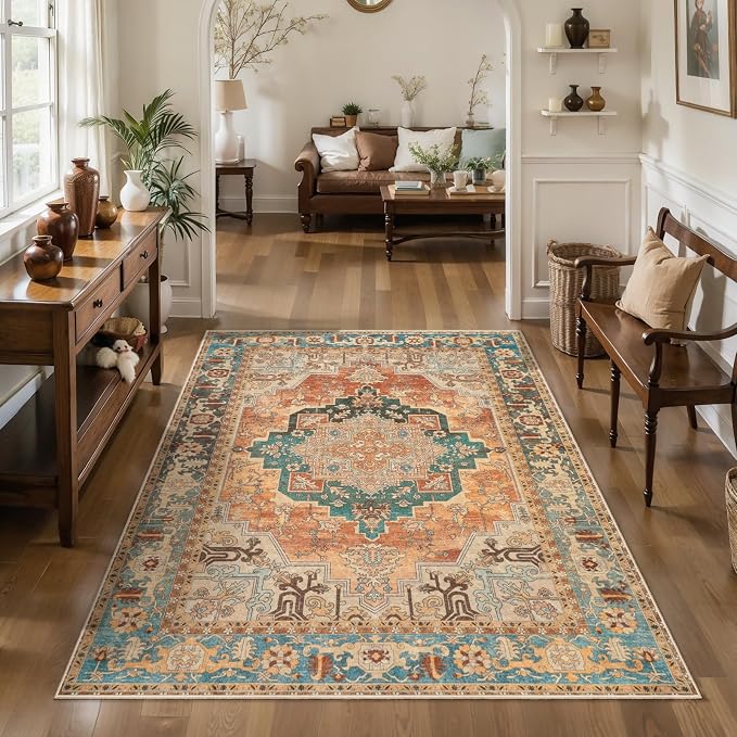 Tangsoo Oriental 3x5 Area Rug, Washable Vintage Rugs Indoor Non Slip Accent Rugs, Print Distressed Carpet, Boho Soft Low Pile Rug for Living Room Dorm Bedroom Bedside Entryway Bathroom Orange