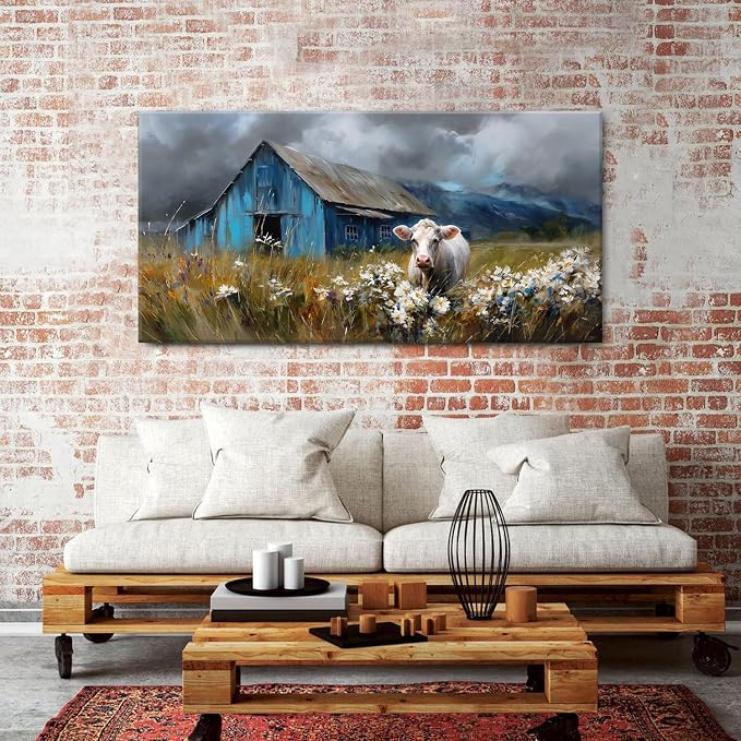 AIYISU Rustic Farmhouse Wall Art Cow and Blue Barn Canvas Pictures Country Landscape Wall Decor Wildflower Field Painting Farm Animal Artwork for Living Room Dining Room Bedroom Home Decoration 30x60